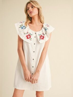 Jodifl Off White Embroidered Ruffle Neck Cotton Dress Button Front NWT